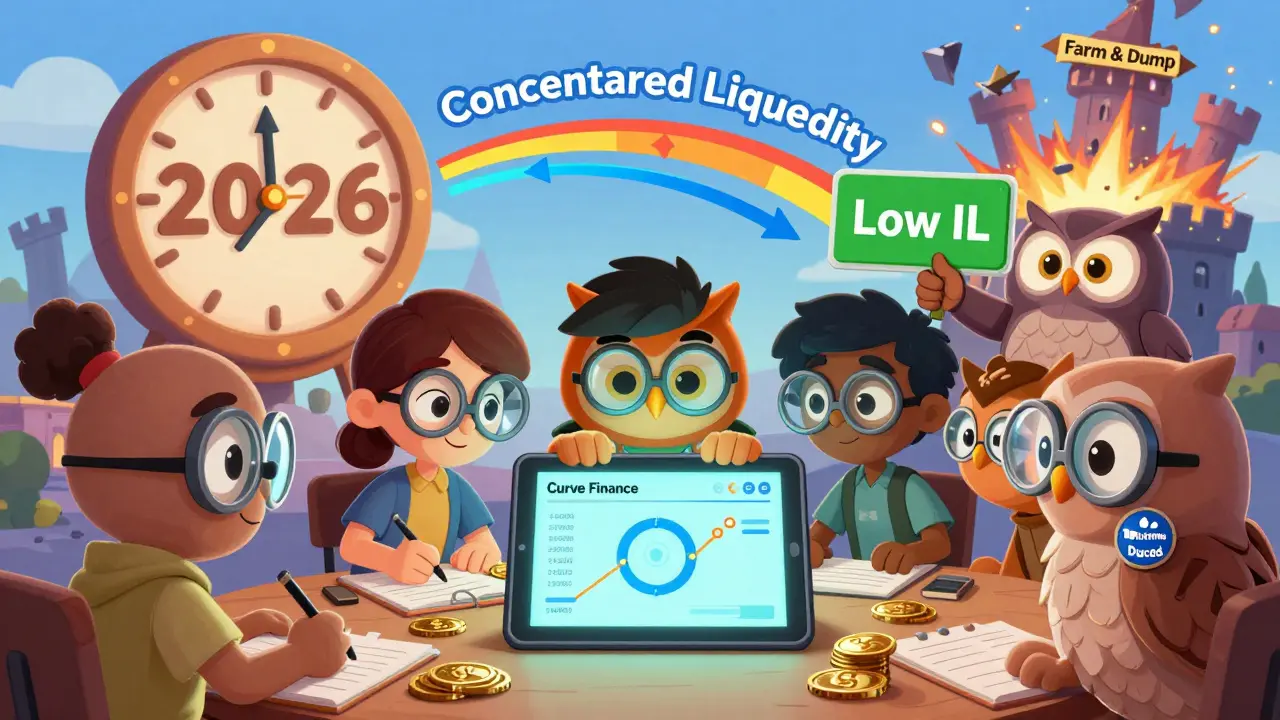 Beginners learning to invest in stablecoin pools with a wise owl guiding them, while a 'Farm &amp; Dump' castle crumbles behind them.