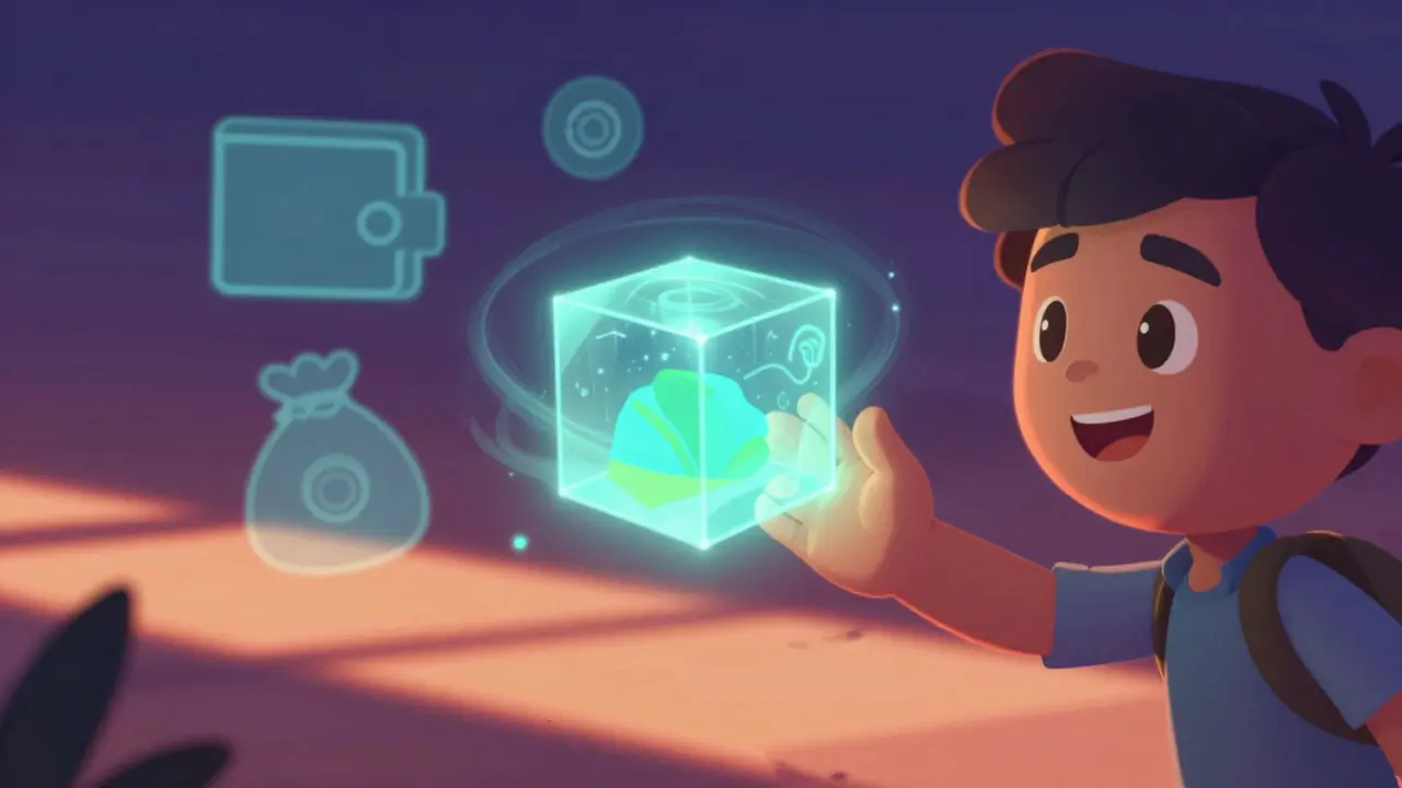 Cartoon character interacting with holographic virtual land blocks in a colorful digital world.