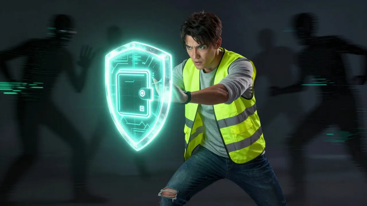 Character holding a glowing shield to protect a digital wallet from shadowy figures.