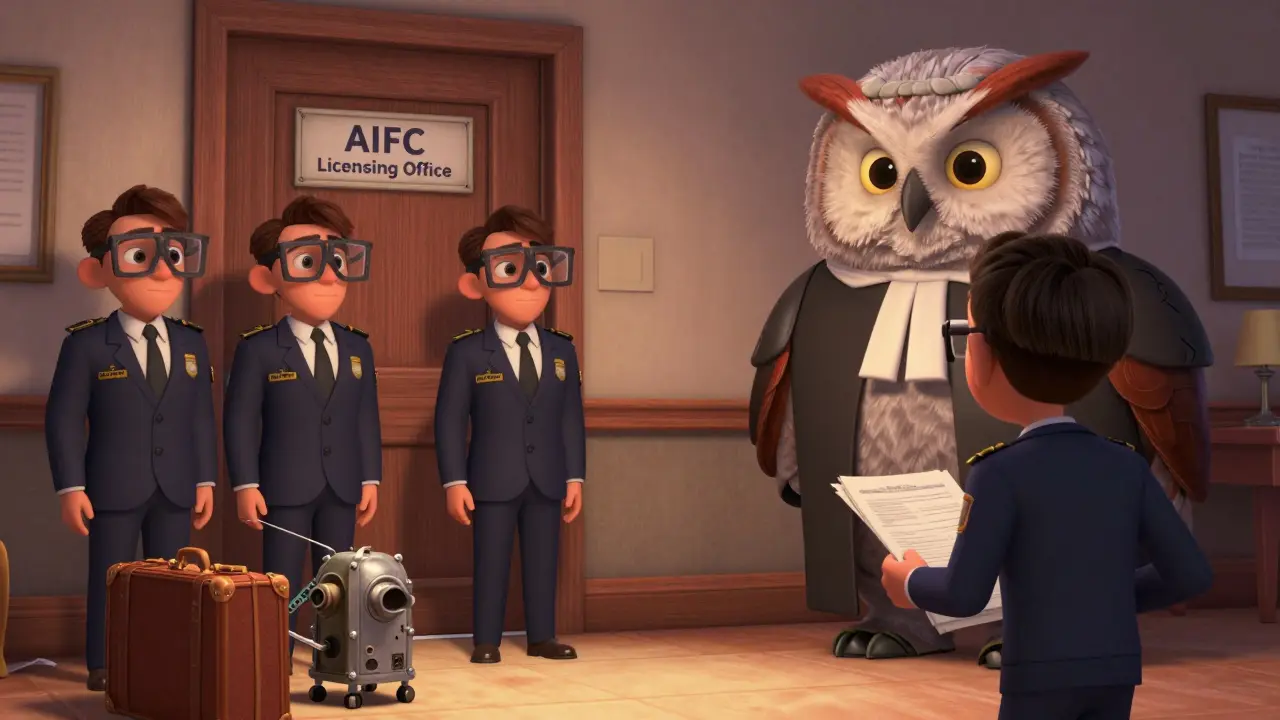 Compliance officers question a foreign investor at the AIFC licensing office, guarded by a wise owl in a judge's wig.