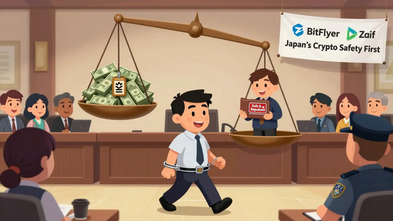 Crypto operator is taken away in handcuffs while users safely hold their regulated assets.