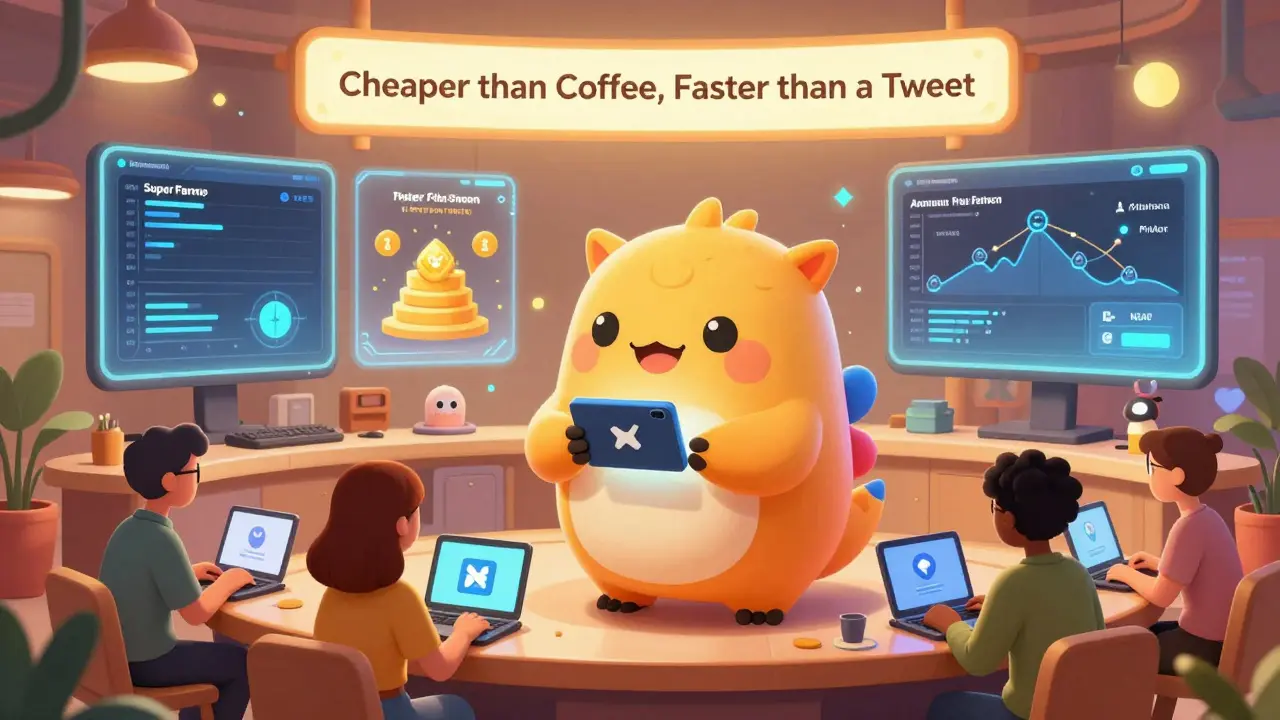 Diverse users connect wallets to a pangolin-shaped DeFi terminal with holographic trading screens and cross-chain bridges in the background.