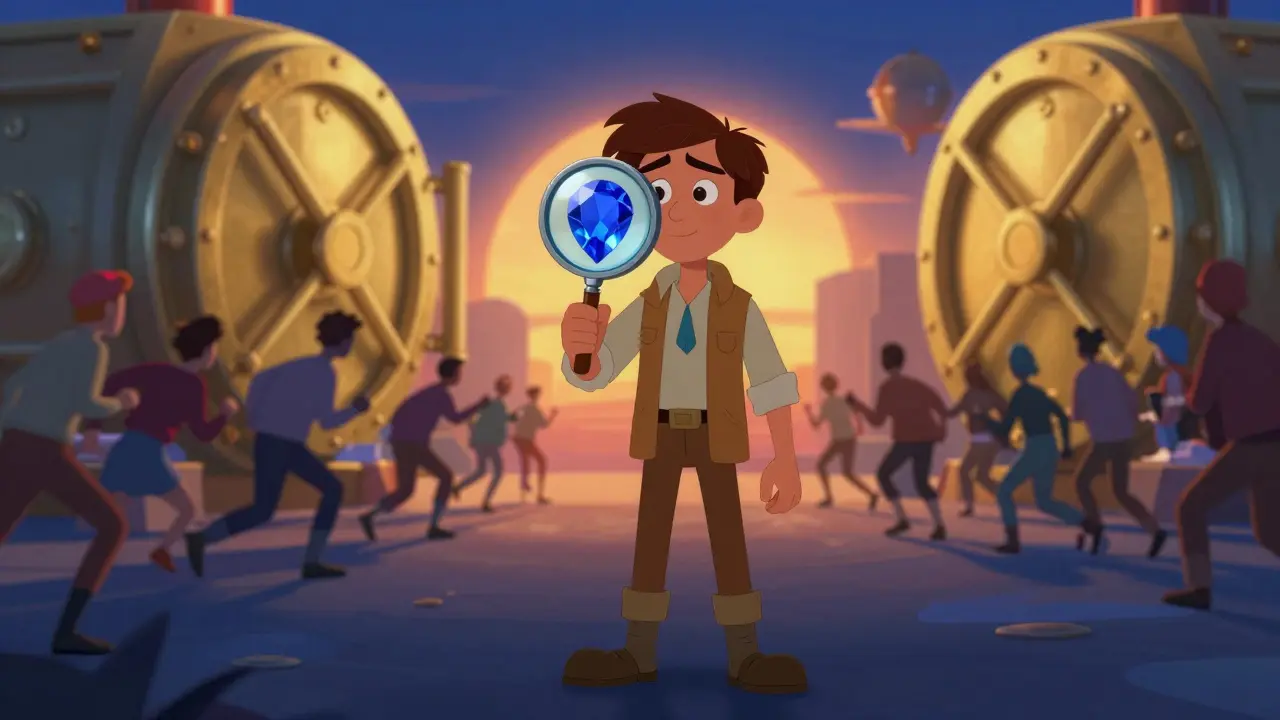 Explorer examines a blue gem while crowds rush toward vaults.