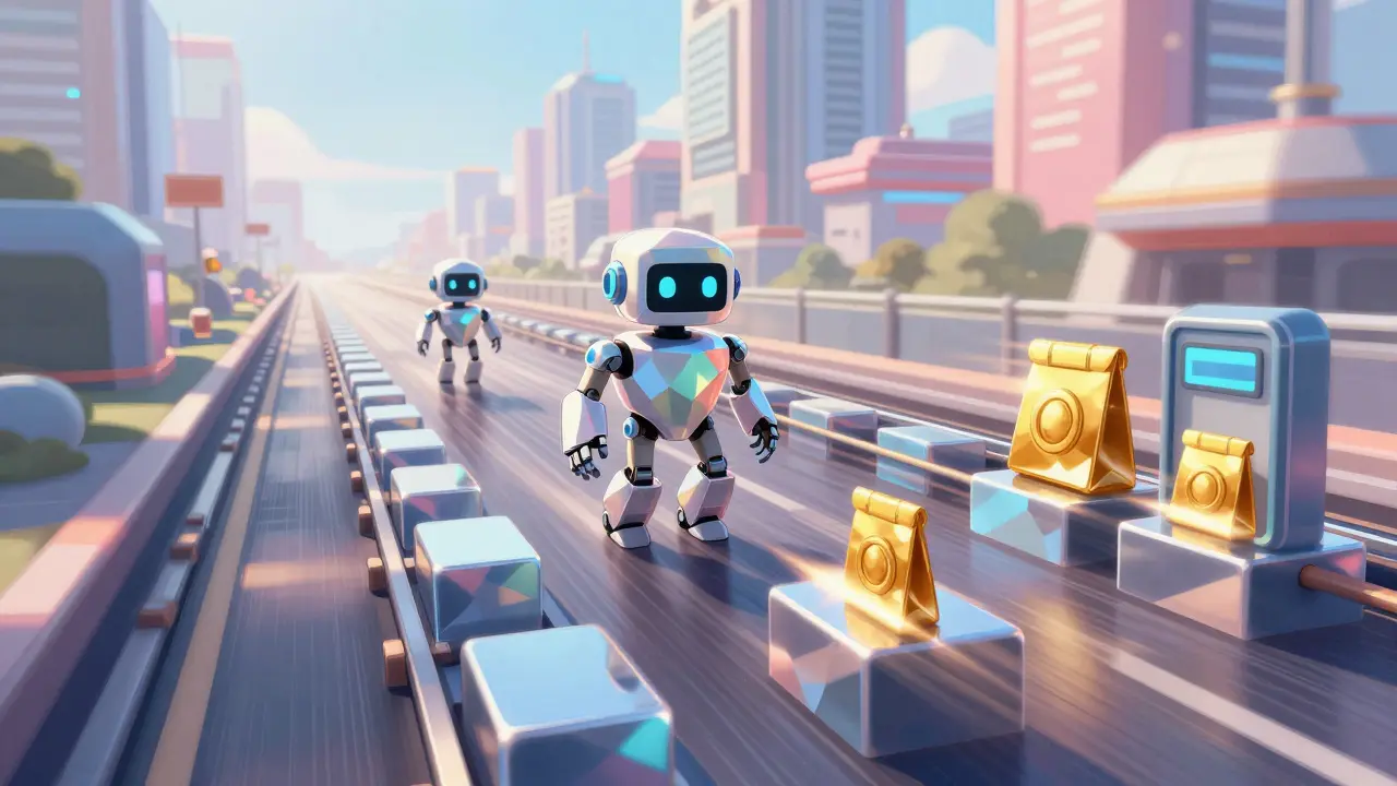 Futuristic secure data highway with robotic guards in bright cartoon art