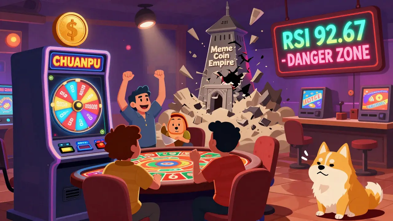 Gamblers cheering at a CHUANPU slot machine as a meme coin tower collapses behind them.