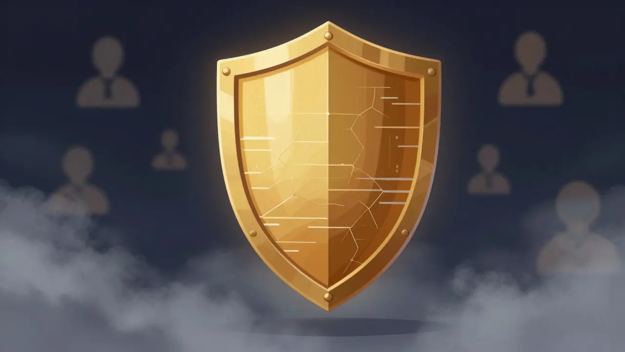 Golden digital shield with faint crack lines and shadowy glitch patterns underneath.