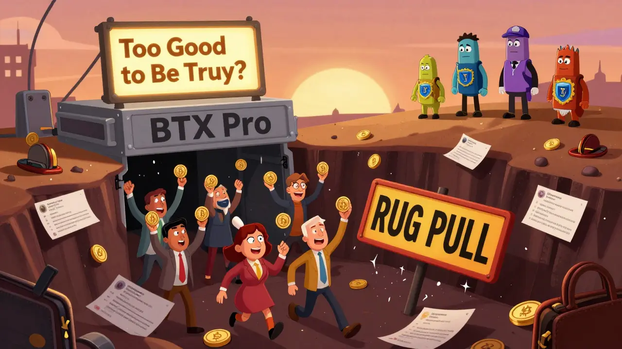 Investors fall through a trapdoor labeled 'BTX Pro' into a pit of wallets and fake reviews, while legitimate exchanges shine safely in the distance.