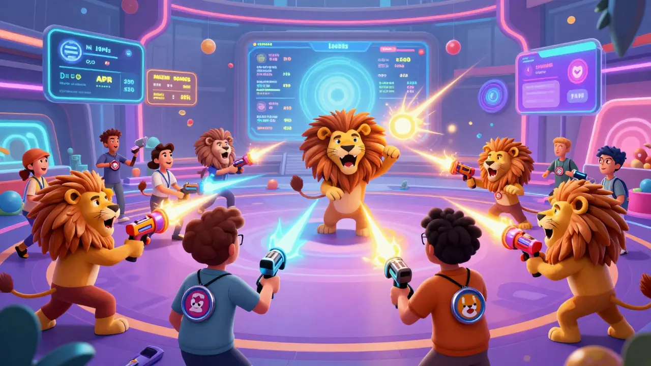 People in a colorful metaverse game called Mane City play with lion-themed power-ups and staking rewards.