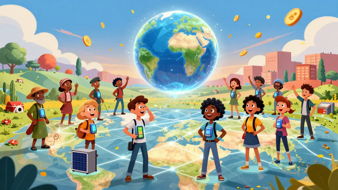 People worldwide connect via a glowing blockchain web, with tokens raining down from the sky.