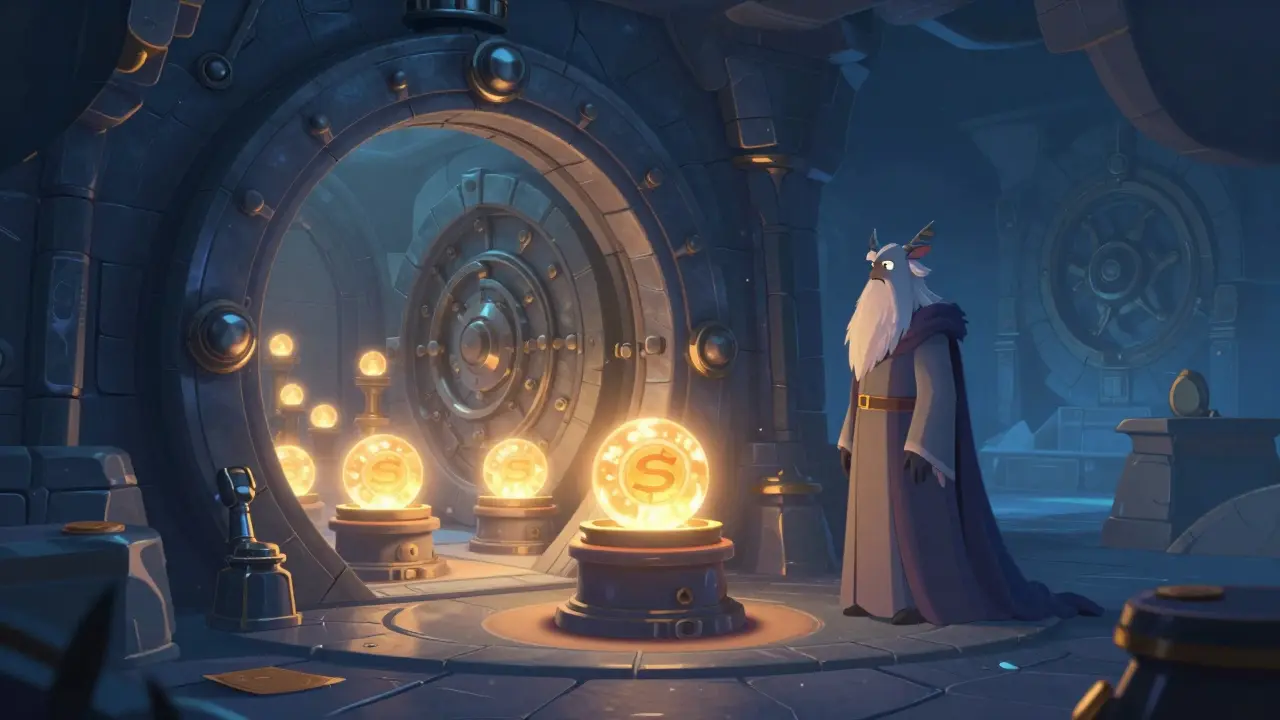 Secure vault filled with glowing energy orbs representing staked tokens in an animated style.