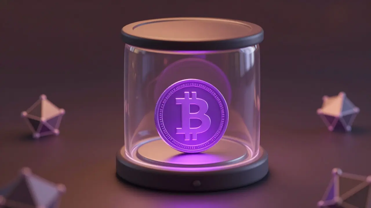 Small glowing coin inside a secure transparent vault surrounded by faint blockchain nodes.