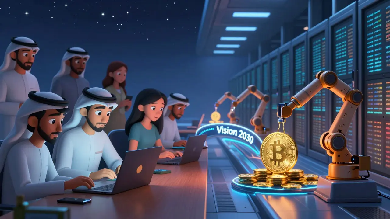 Split scene: young Saudis trading crypto on one side, government building a digital riyal on the other, connected by a Vision 2030 bridge.