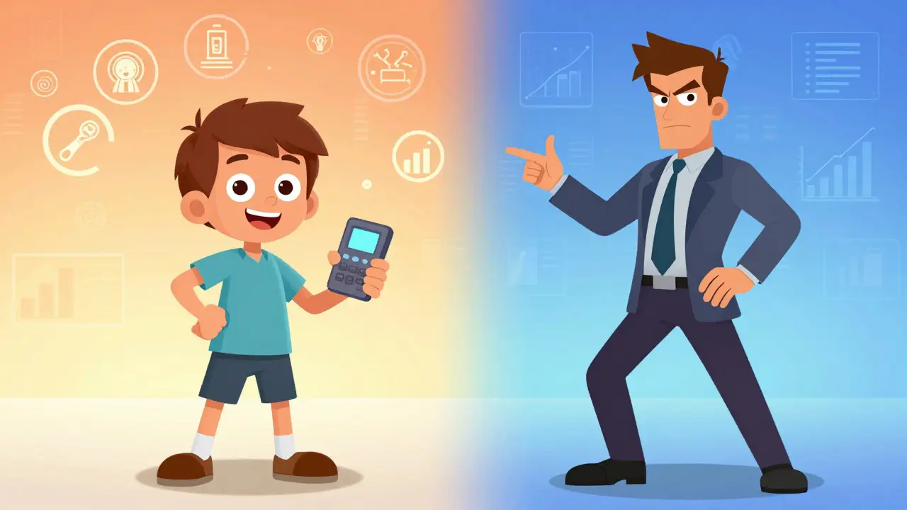 Split view showing novice versus professional trader expressions.