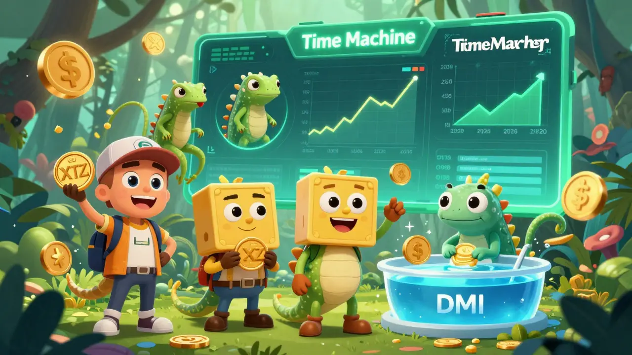 Three users interact with a jungle-themed DeFi dashboard featuring the DMI index, perpetual contracts, and animated token pools.