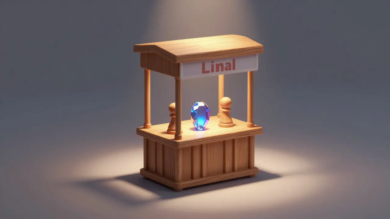Tiny wooden pawn shop booth floating in empty space with three glowing gems inside.