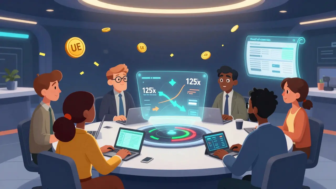 Traders use copy trading and 125x leverage with floating UE Coin tokens in a futuristic trading hub.