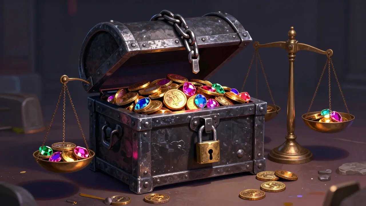 Treasure chest with coins and loose lock symbolizing security.