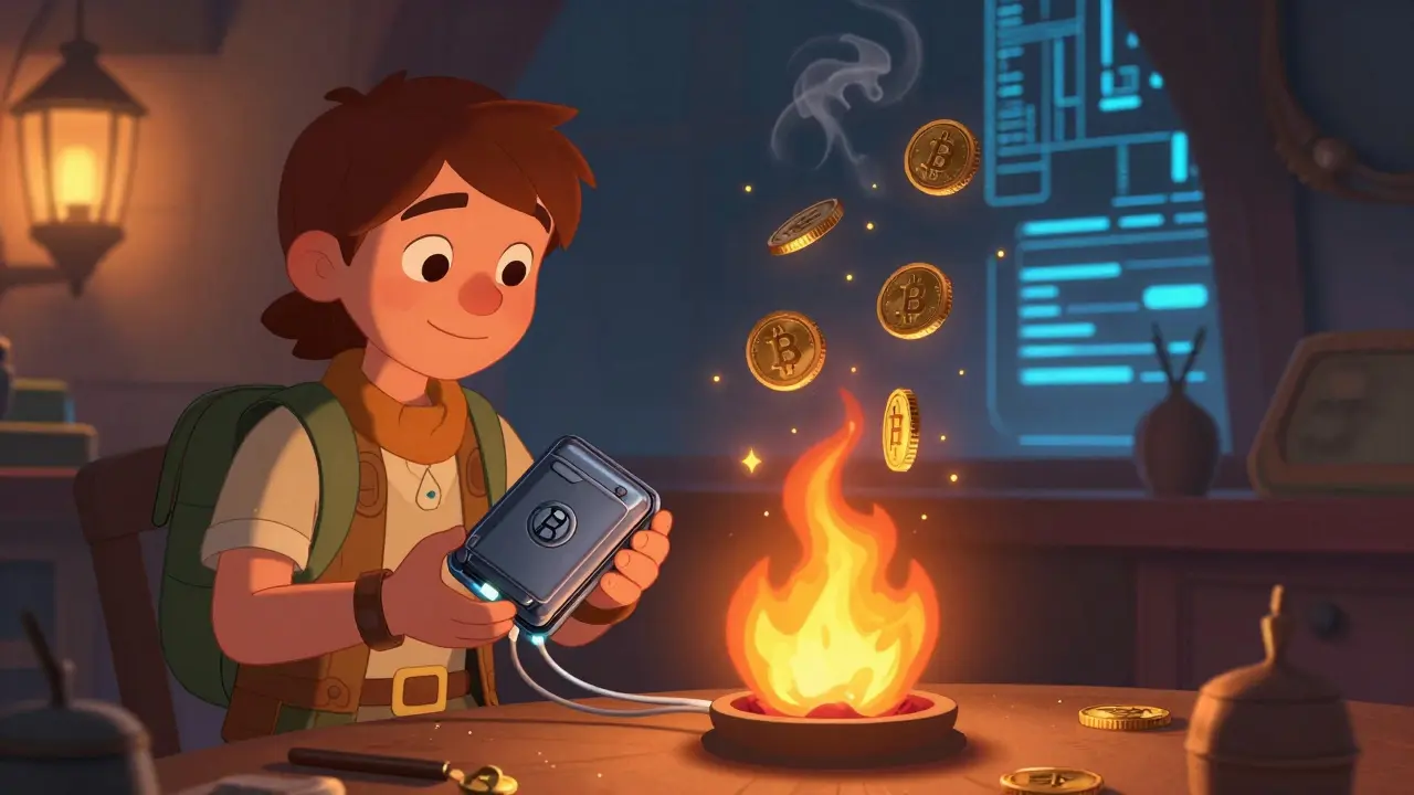 User holding hardware wallet near digital flame burning coins softly