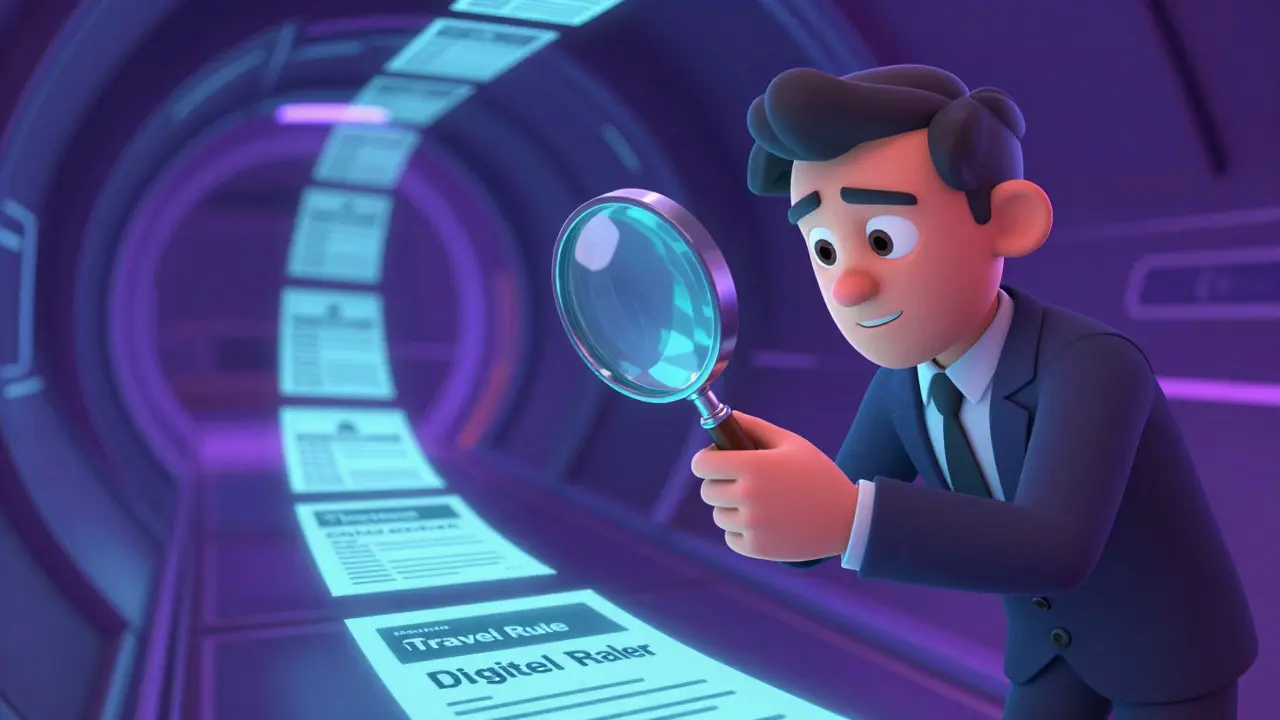 A bank officer using a magnifying glass to inspect a glowing digital trail of identity data.