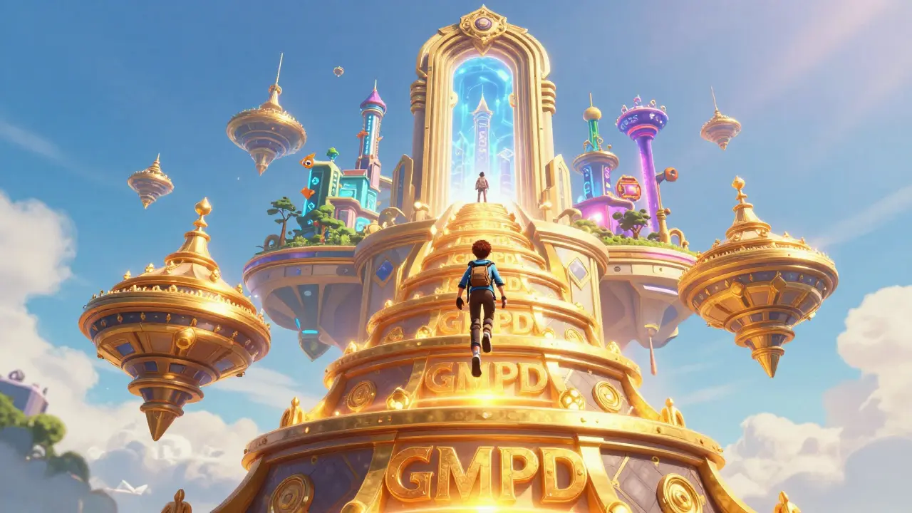 A character climbing golden floating tiers toward a portal of diverse gaming worlds