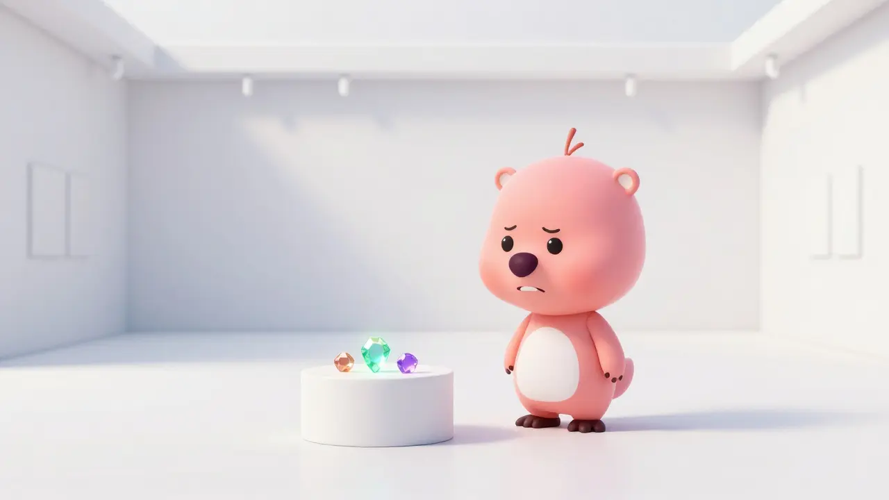 A character looking puzzled at a nearly empty gallery with only a few glowing crypto gems.