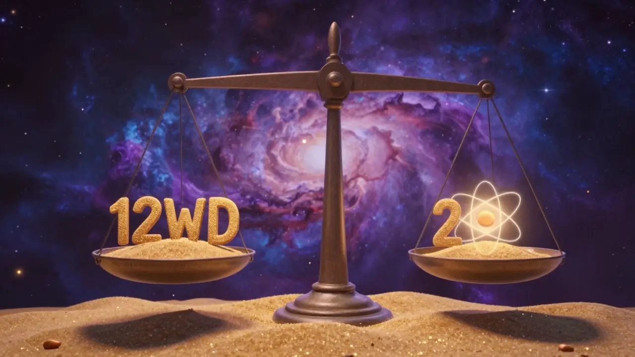 A cosmic scale comparing a grain of sand and an atom in a starry nebula.