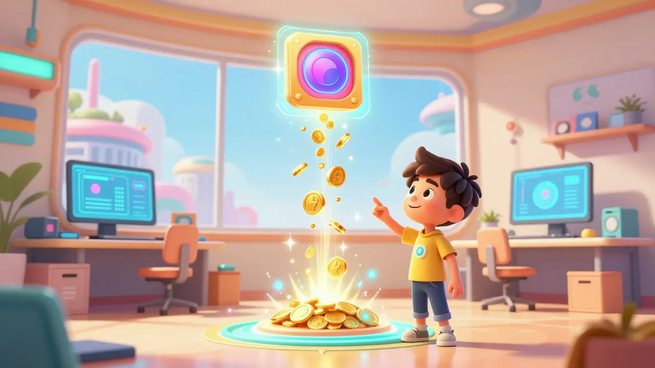 A digital artist receiving royalties as their artwork launches into a sparkling vortex.