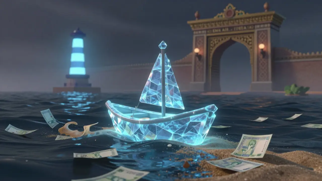 A digital blockchain lifeboat floating on a sea of dissolving currency under a distant beacon.