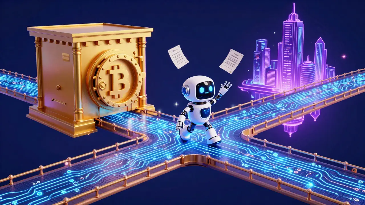 A digital bridge connecting a traditional bank vault to a futuristic crypto city.