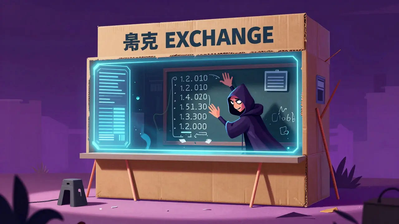 A digital exchange revealed to be a hollow facade operated by a scammer in a cartoon style.