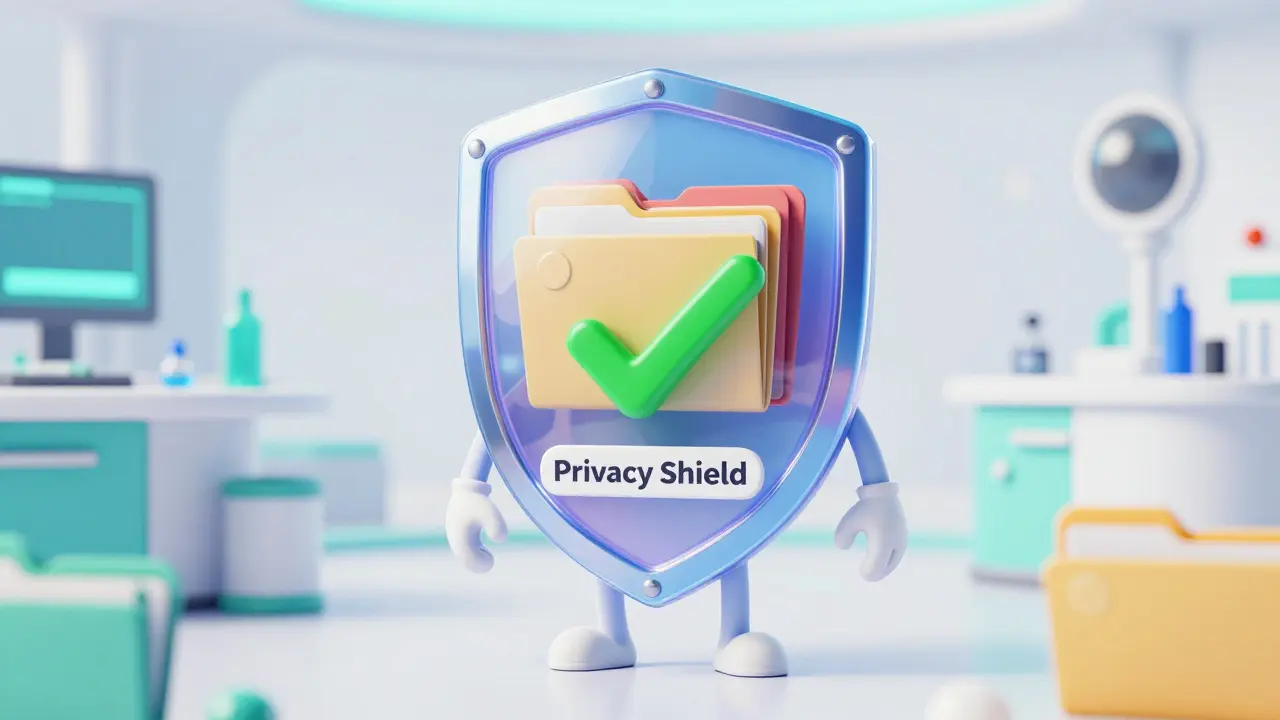 A digital key character using a shimmering shield to verify identity while protecting private data.
