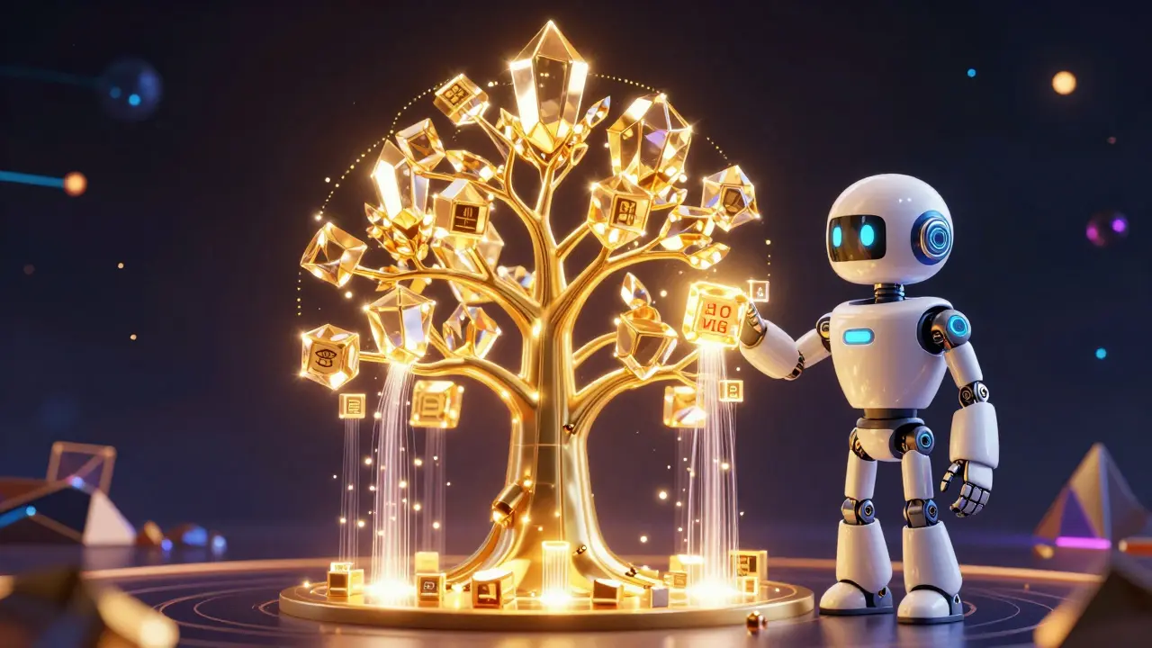 A digital Merkle Tree being updated by a robotic oracle in a neon cosmic space.