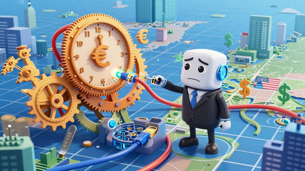 A friendly robot attempting to connect different regulatory data cables in a colorful digital landscape.