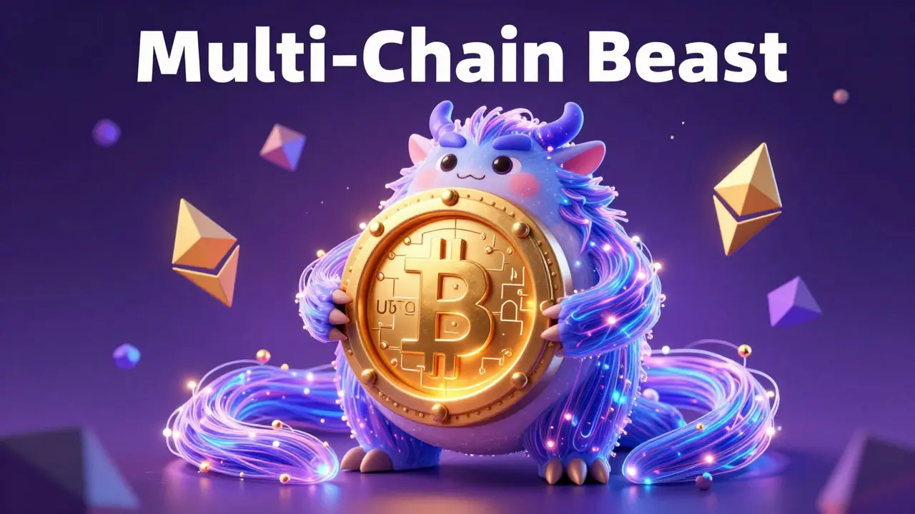 A glowing digital creature protecting a secure golden vault representing multi-chain blockchain security.