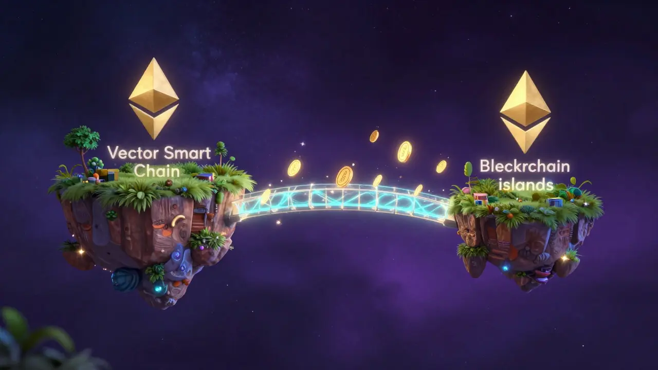 A glowing energy bridge connecting two floating digital islands in a starry cosmos.