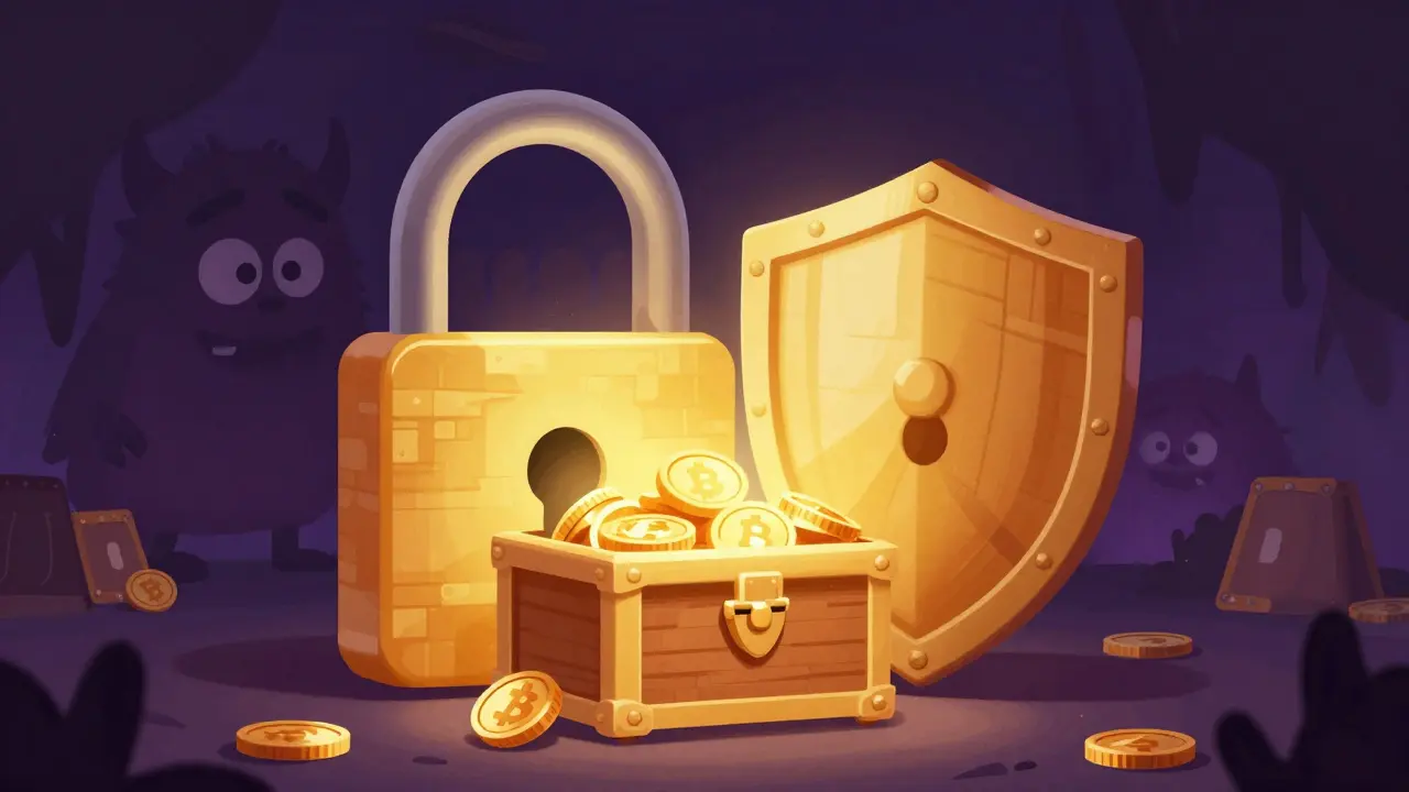 A golden digital shield protecting crypto assets from a shadowy scam monster.