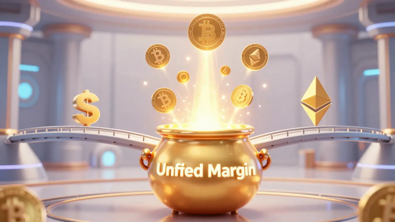 A golden glowing pot merging different cryptocurrencies to show unified margin efficiency