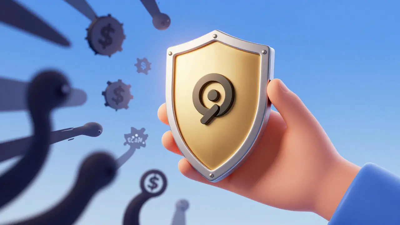 A hardware wallet acting as a golden shield against digital scam tentacles in a 3D style.