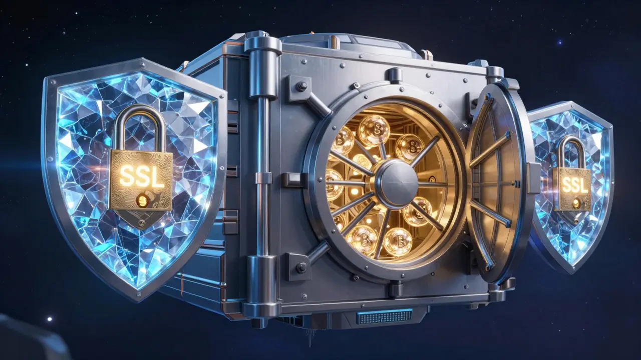 A high-tech floating digital fortress protecting glowing cryptocurrency assets.