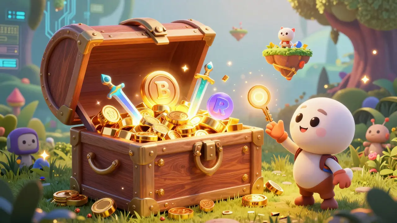 A magical 3D chest overflowing with glowing gaming NFTs and digital assets