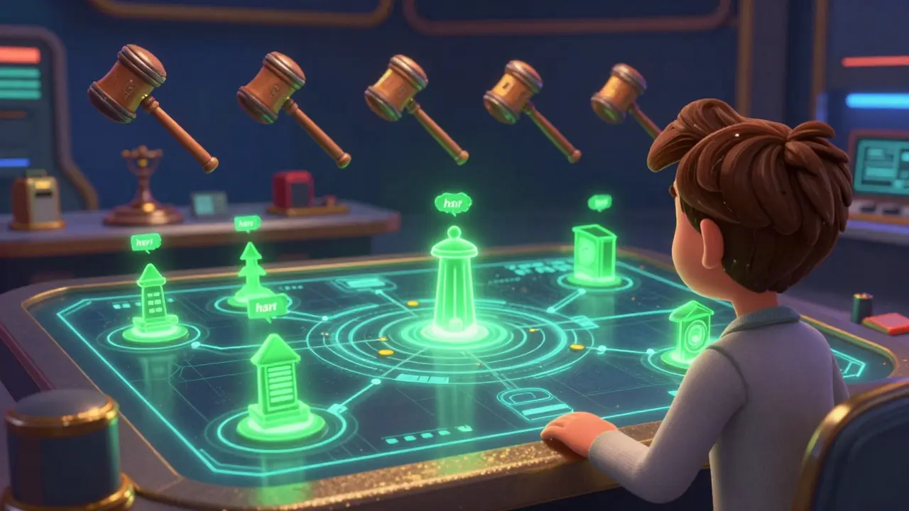 A person monitoring a holographic dashboard of diverse assets and digital auction hammers.