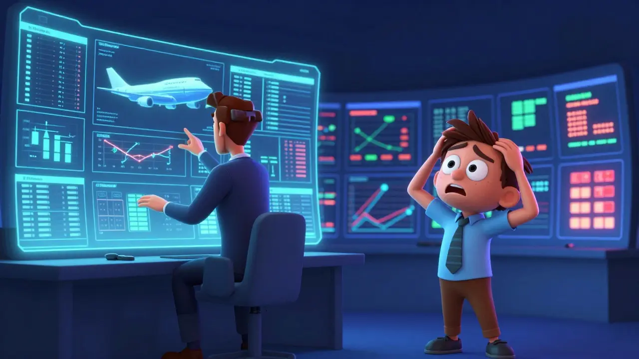 A pro trader and a confused beginner facing a complex high-tech trading interface