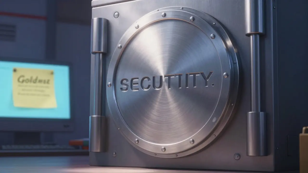 A seed phrase engraved on a stainless steel plate inside a secure vault.