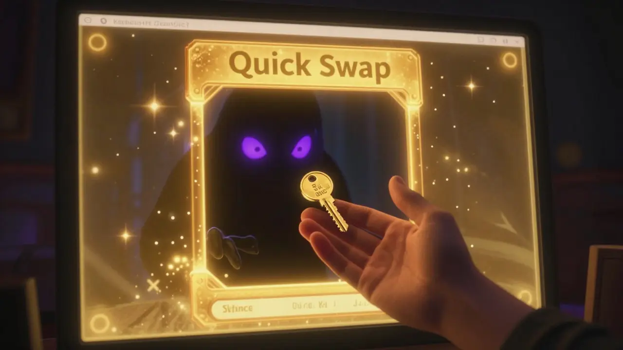 A sneaky creature hiding behind a computer screen attempting to steal a digital wallet key.