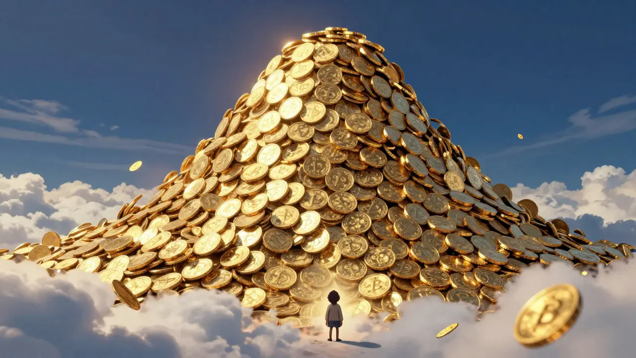 A tiny person standing before a mountain of gold coins symbolizing extreme token inflation.