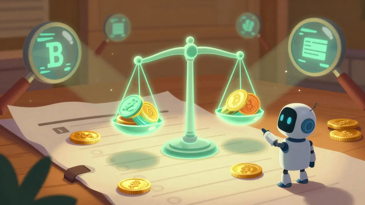 Cartoon coins on scales with magnifying glass representing crypto tax tracking.