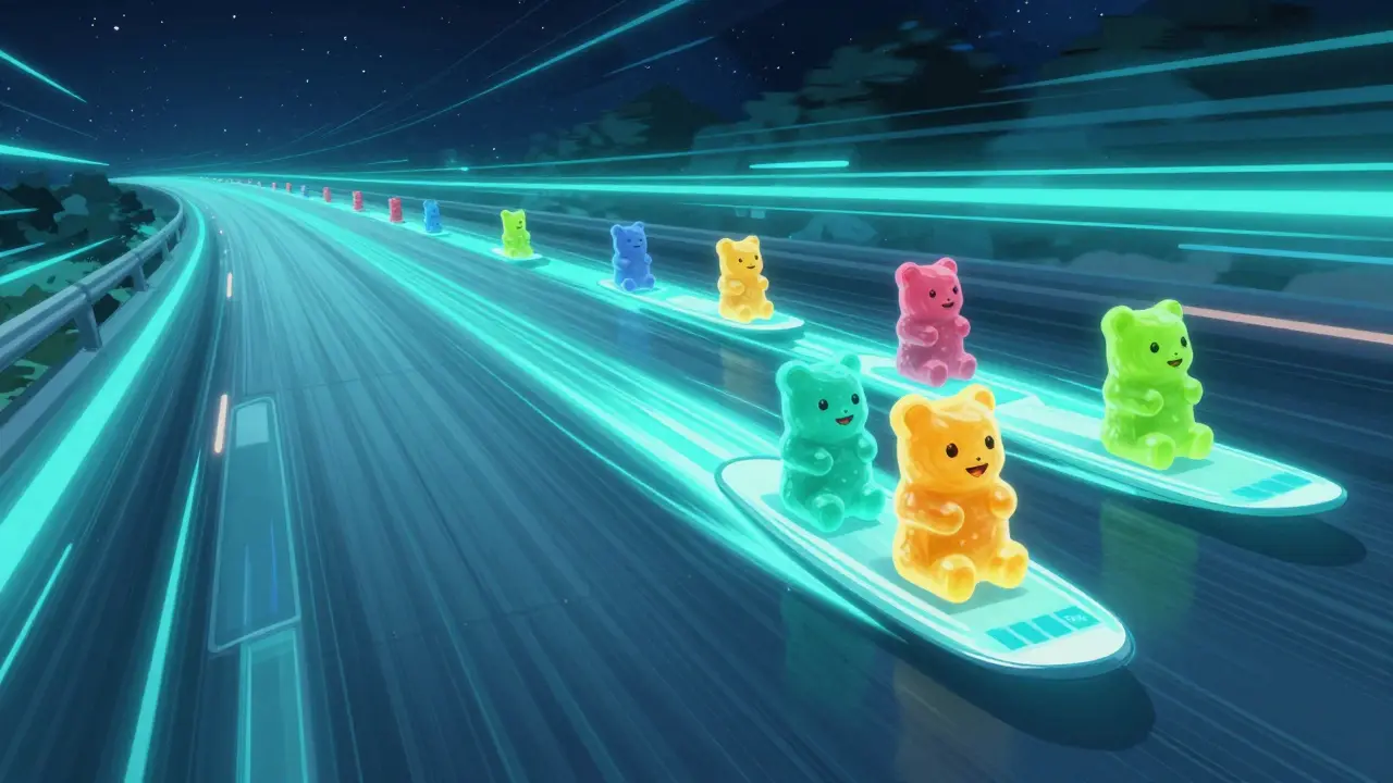 Colorful gummy bears surfing on high-speed glowing turquoise light beams