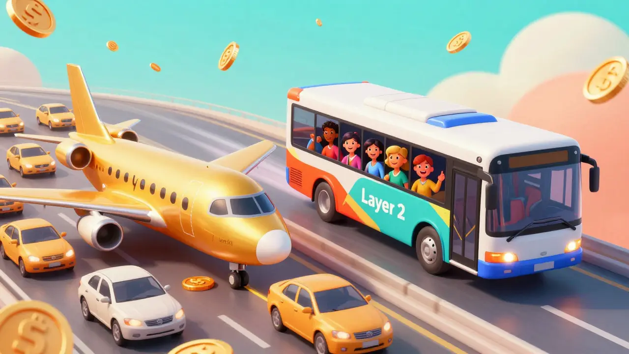 Contrast between a congested luxury jet and a fast Layer 2 bus in a digital hub.