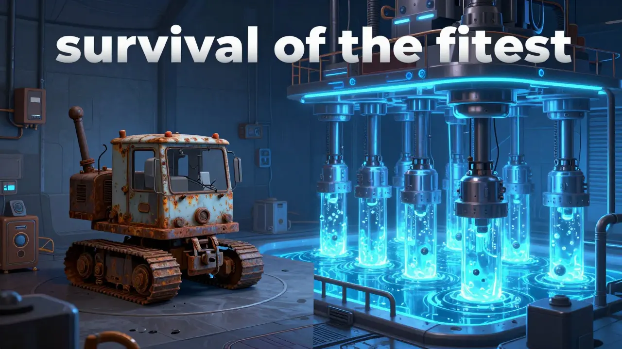 Contrast between a failing old mining rig and a futuristic immersion cooling facility