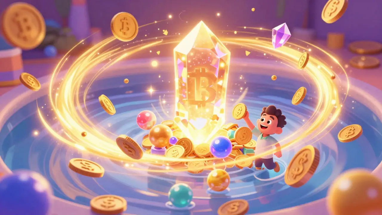 Different colorful crypto assets swirling together in a glowing digital pool of liquidity.